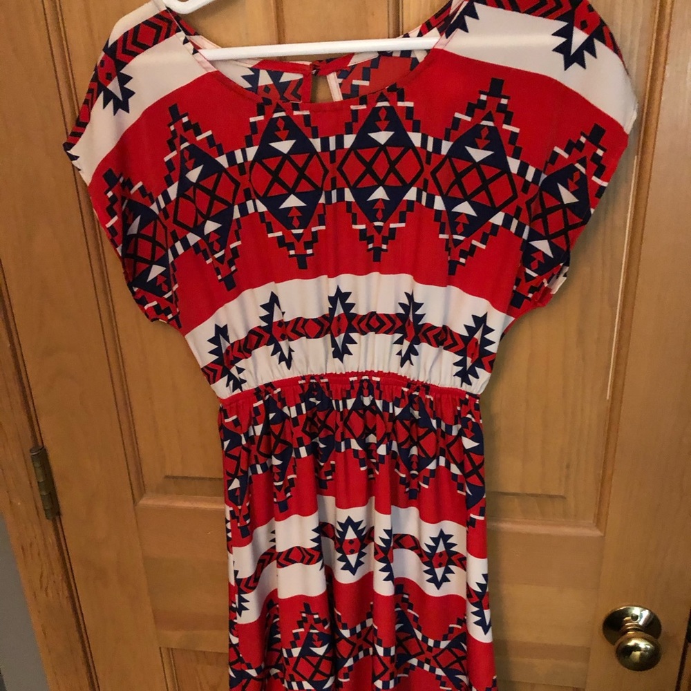 Red white and blue geometric dress